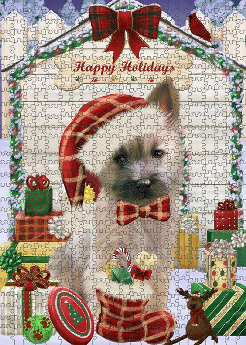 Happy Holidays Christmas Cairn Terrier Dog House with Presents Puzzle with Photo Tin PUZL57996