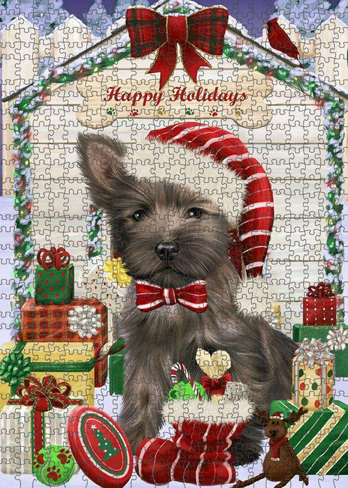 Happy Holidays Christmas Cairn Terrier Dog House with Presents Puzzle with Photo Tin PUZL57999