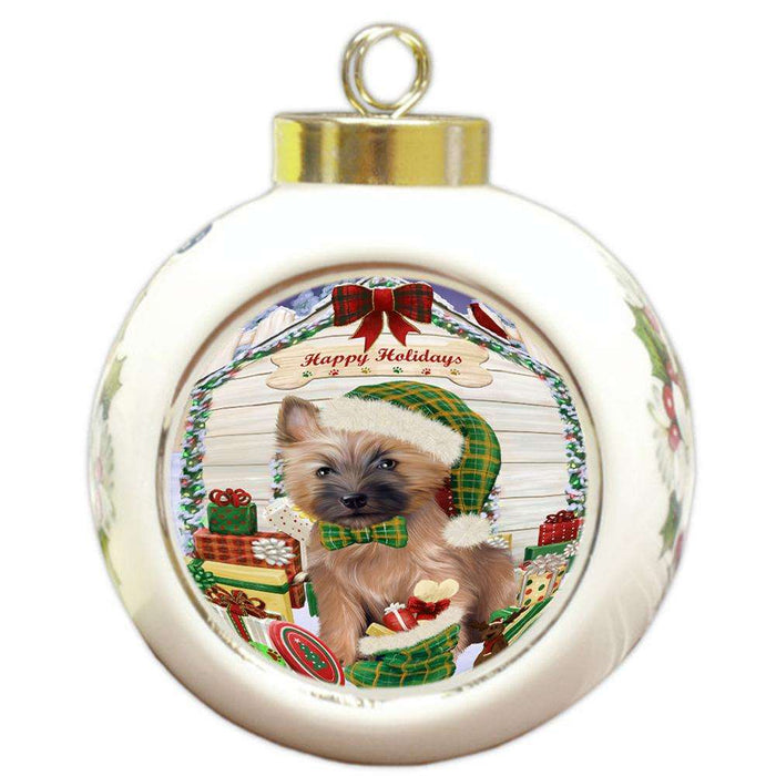 Happy Holidays Christmas Cairn Terrier Dog House with Presents Round Ball Christmas Ornament RBPOR51376