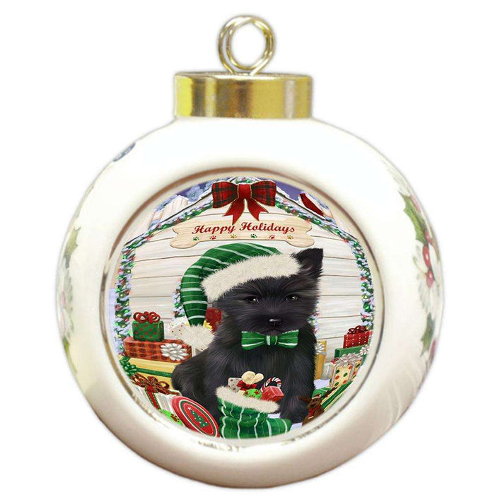 Happy Holidays Christmas Cairn Terrier Dog House with Presents Round Ball Christmas Ornament RBPOR51377