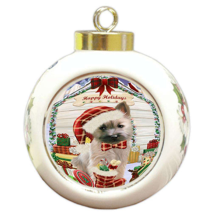 Happy Holidays Christmas Cairn Terrier Dog House with Presents Round Ball Christmas Ornament RBPOR51378