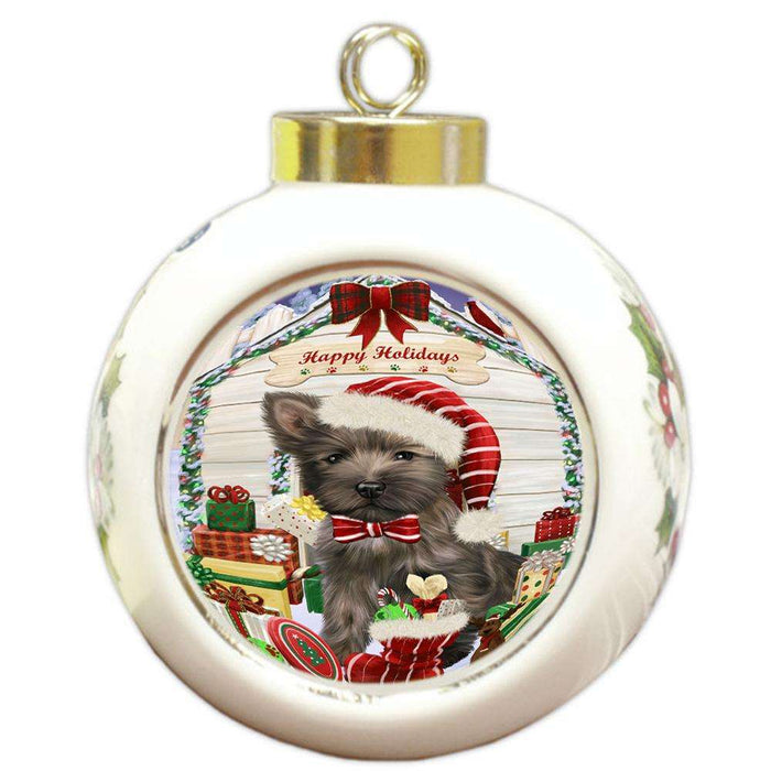 Happy Holidays Christmas Cairn Terrier Dog House with Presents Round Ball Christmas Ornament RBPOR51379