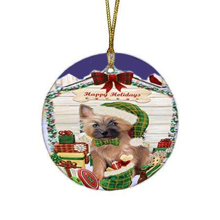 Happy Holidays Christmas Cairn Terrier Dog House with Presents Round Flat Christmas Ornament RFPOR51367