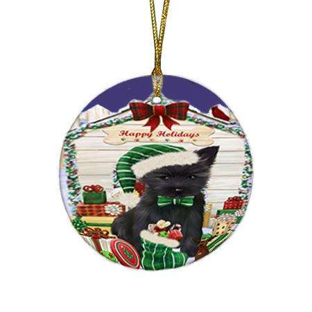Happy Holidays Christmas Cairn Terrier Dog House with Presents Round Flat Christmas Ornament RFPOR51368