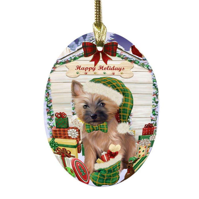 Happy Holidays Christmas Cairn Terrier House With Presents Oval Glass Christmas Ornament OGOR49826