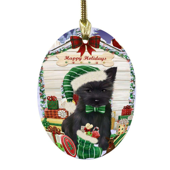 Happy Holidays Christmas Cairn Terrier House With Presents Oval Glass Christmas Ornament OGOR49827