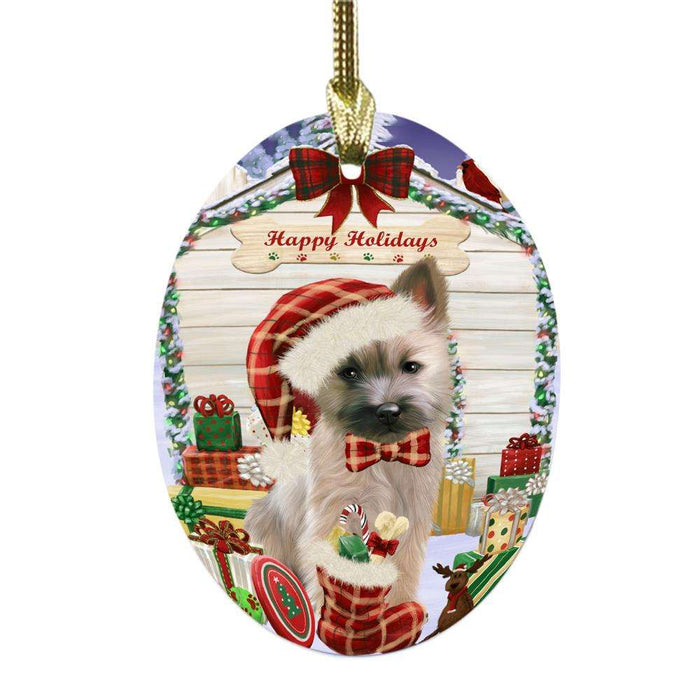 Happy Holidays Christmas Cairn Terrier House With Presents Oval Glass Christmas Ornament OGOR49828