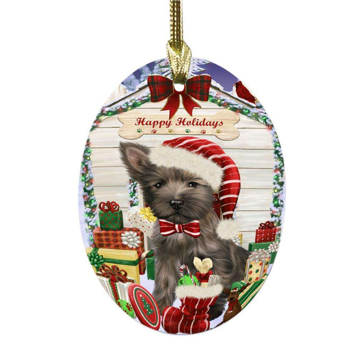 Happy Holidays Christmas Cairn Terrier House With Presents Oval Glass Christmas Ornament OGOR49829