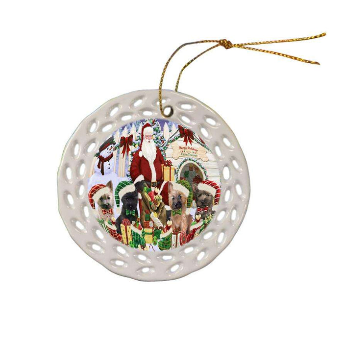 Happy Holidays Christmas Cairn Terriers Dog House Gathering Ceramic Doily Ornament DPOR51290