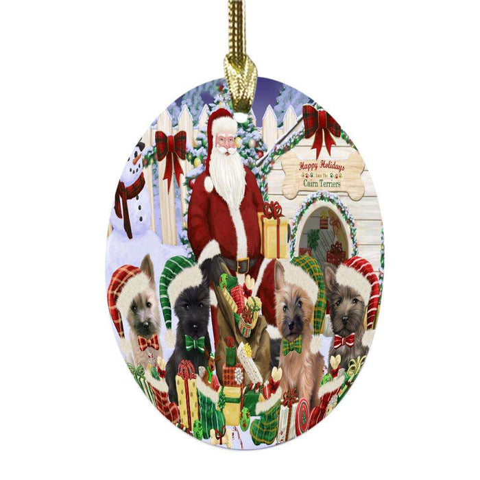 Happy Holidays Christmas Cairn Terriers Dog House Gathering Oval Glass Christmas Ornament OGOR49693