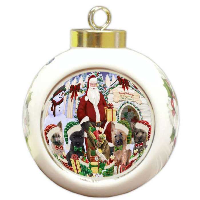 Happy Holidays Christmas Cairn Terriers Dog House Gathering Round Ball Christmas Ornament RBPOR51290