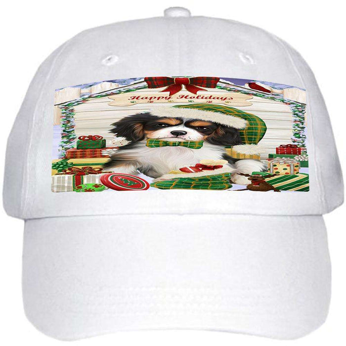 Happy Holidays Christmas Cavalier King Charles Spaniel Dog House with Presents Ball Hat Cap HAT57885