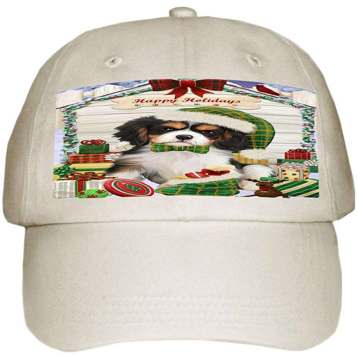 Happy Holidays Christmas Cavalier King Charles Spaniel Dog House with Presents Ball Hat Cap HAT57885