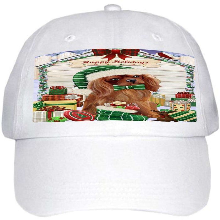 Happy Holidays Christmas Cavalier King Charles Spaniel Dog House with Presents Ball Hat Cap HAT57888