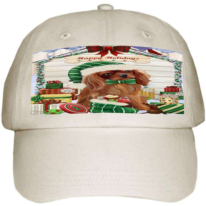 Happy Holidays Christmas Cavalier King Charles Spaniel Dog House with Presents Ball Hat Cap HAT57888