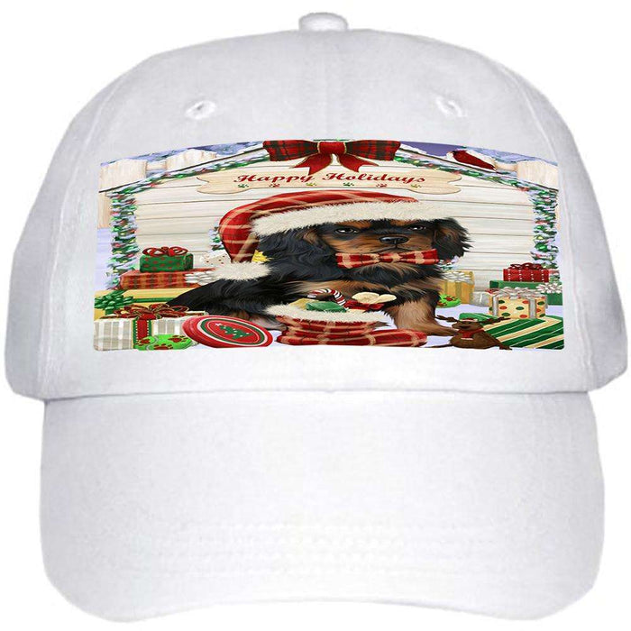 Happy Holidays Christmas Cavalier King Charles Spaniel Dog House with Presents Ball Hat Cap HAT57891