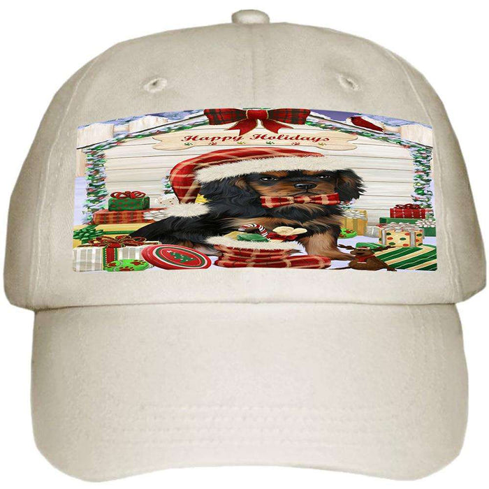 Happy Holidays Christmas Cavalier King Charles Spaniel Dog House with Presents Ball Hat Cap HAT57891