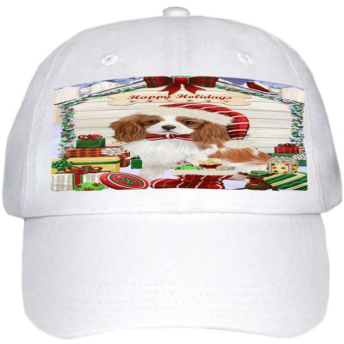 Happy Holidays Christmas Cavalier King Charles Spaniel Dog House with Presents Ball Hat Cap HAT57894