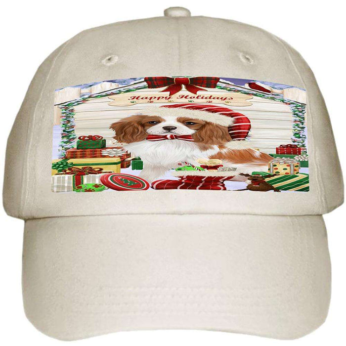 Happy Holidays Christmas Cavalier King Charles Spaniel Dog House with Presents Ball Hat Cap HAT57894