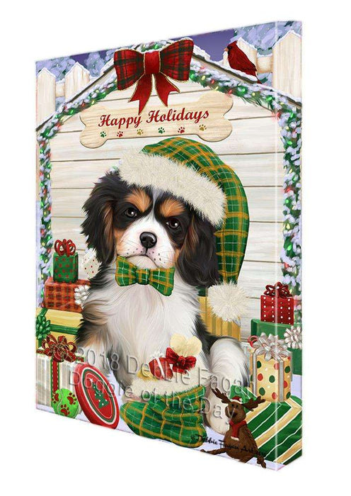 Happy Holidays Christmas Cavalier King Charles Spaniel Dog House with Presents Canvas Print Wall Art Décor CVS79181