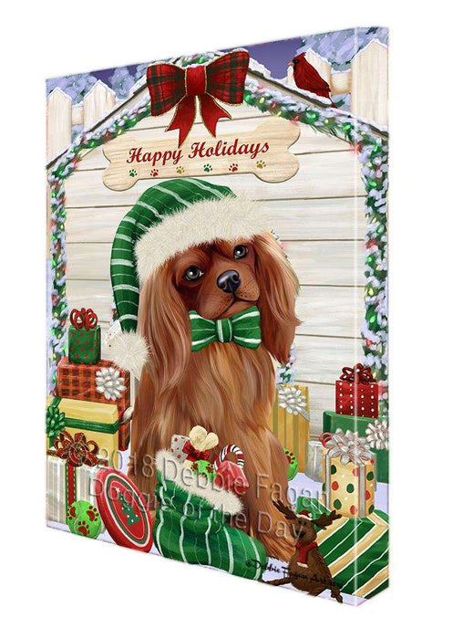 Happy Holidays Christmas Cavalier King Charles Spaniel Dog House with Presents Canvas Print Wall Art Décor CVS79190