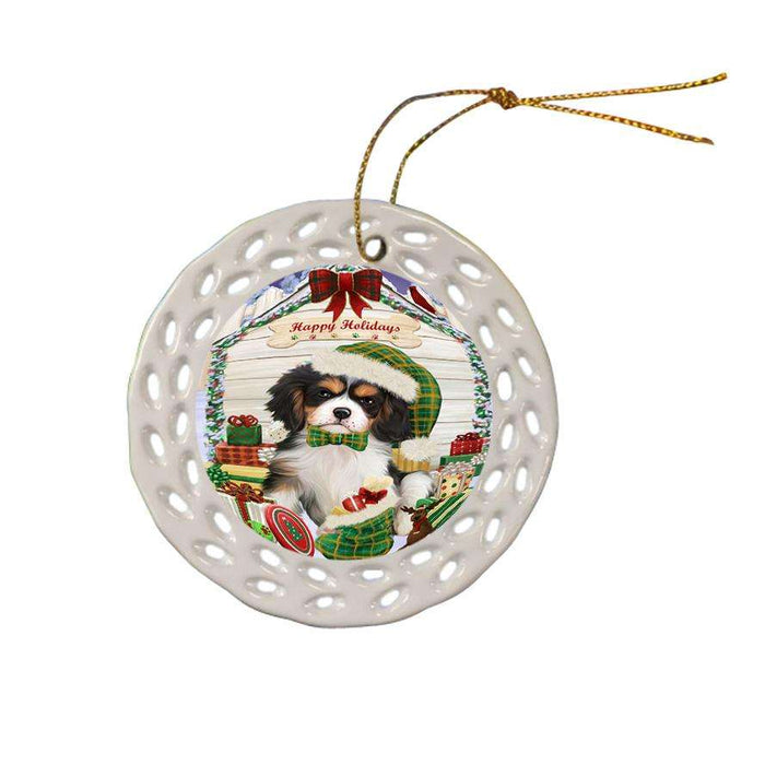 Happy Holidays Christmas Cavalier King Charles Spaniel Dog House with Presents Ceramic Doily Ornament DPOR51384