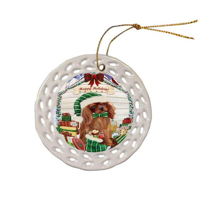 Happy Holidays Christmas Cavalier King Charles Spaniel Dog House with Presents Ceramic Doily Ornament DPOR51385