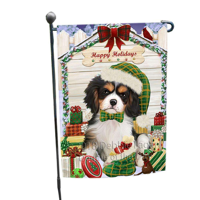 Happy Holidays Christmas Cavalier King Charles Spaniel Dog House with Presents Garden Flag GFLG51321