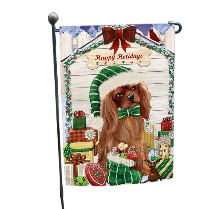 Happy Holidays Christmas Cavalier King Charles Spaniel Dog House with Presents Garden Flag GFLG51322