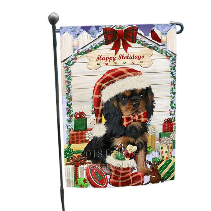 Happy Holidays Christmas Cavalier King Charles Spaniel Dog House with Presents Garden Flag GFLG51323