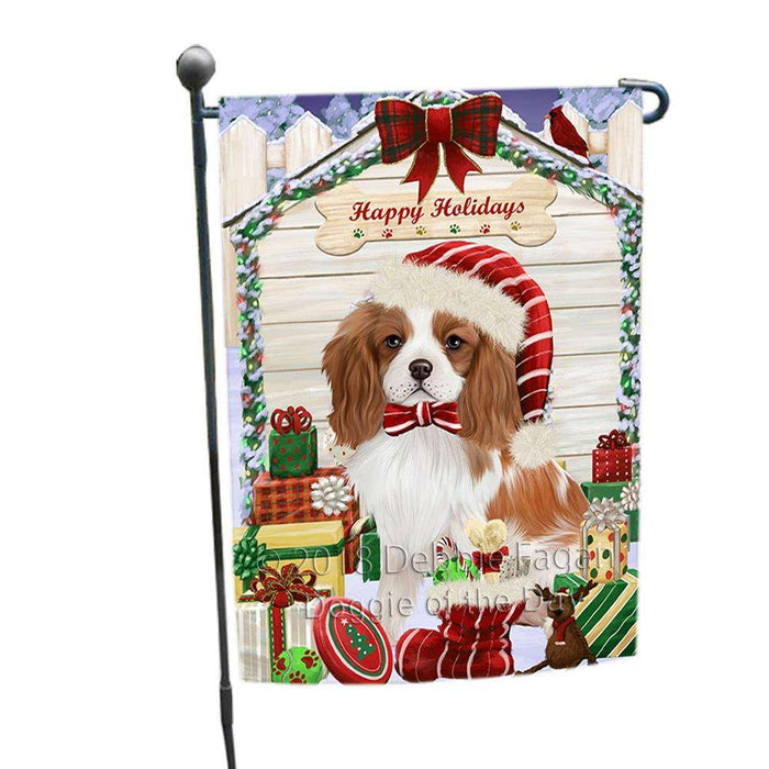 Happy Holidays Christmas Cavalier King Charles Spaniel Dog House with Presents Garden Flag GFLG51324