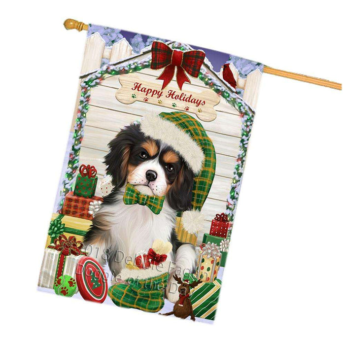 Happy Holidays Christmas Cavalier King Charles Spaniel Dog House with Presents House Flag FLG51457