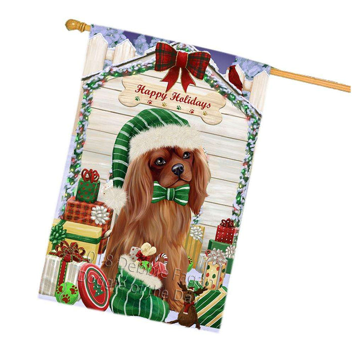 Happy Holidays Christmas Cavalier King Charles Spaniel Dog House with Presents House Flag FLG51458