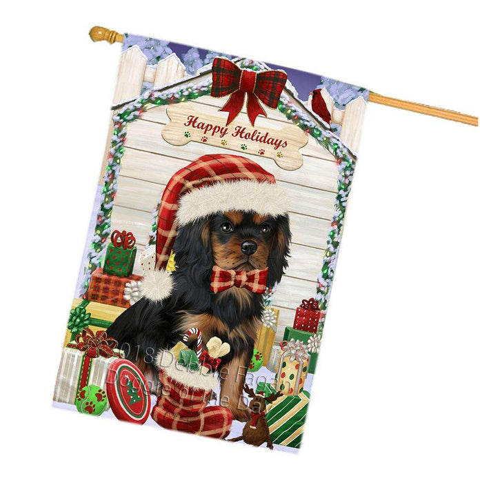 Happy Holidays Christmas Cavalier King Charles Spaniel Dog House with Presents House Flag FLG51459