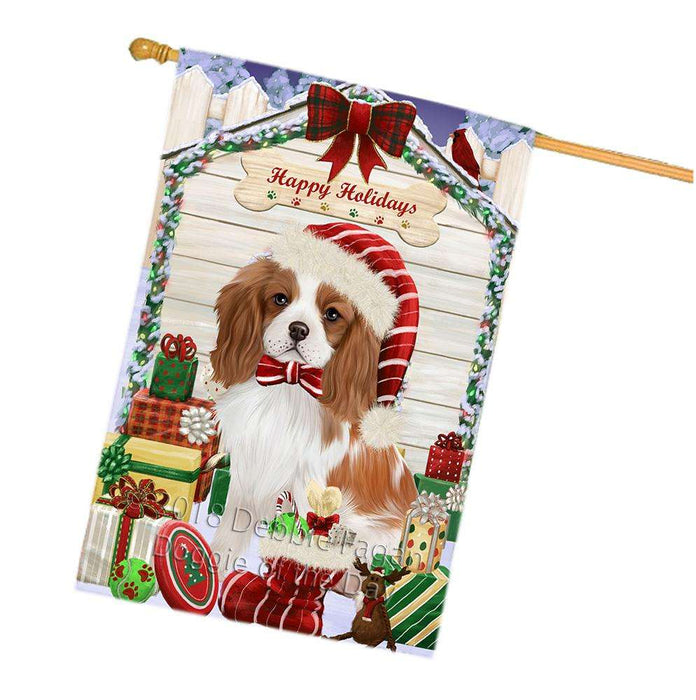 Happy Holidays Christmas Cavalier King Charles Spaniel Dog House with Presents House Flag FLG51460