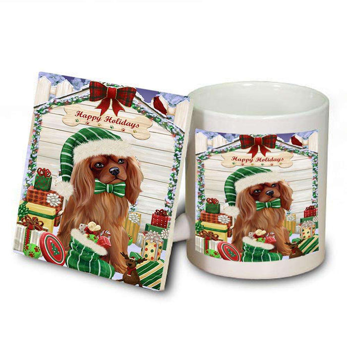 Happy Holidays Christmas Cavalier King Charles Spaniel Dog House with Presents Mug and Coaster Set MUC51377