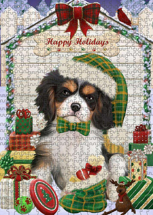 Happy Holidays Christmas Cavalier King Charles Spaniel Dog House with Presents Puzzle with Photo Tin PUZL58059