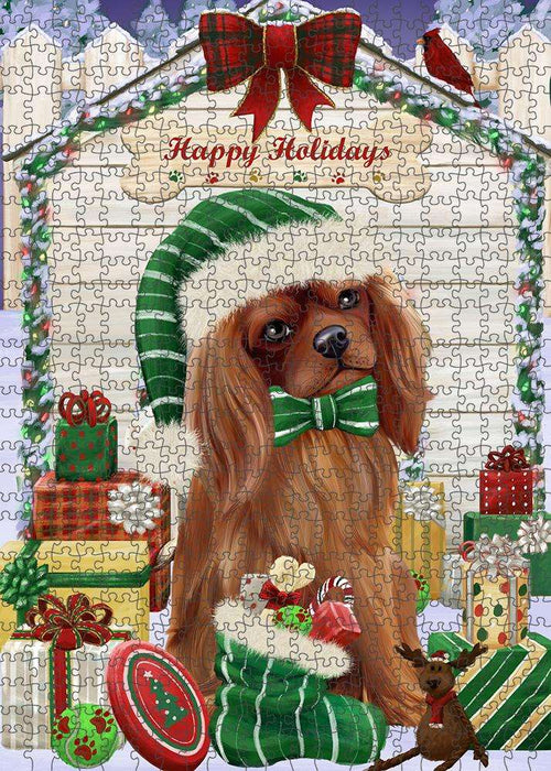 Happy Holidays Christmas Cavalier King Charles Spaniel Dog House with Presents Puzzle with Photo Tin PUZL58062