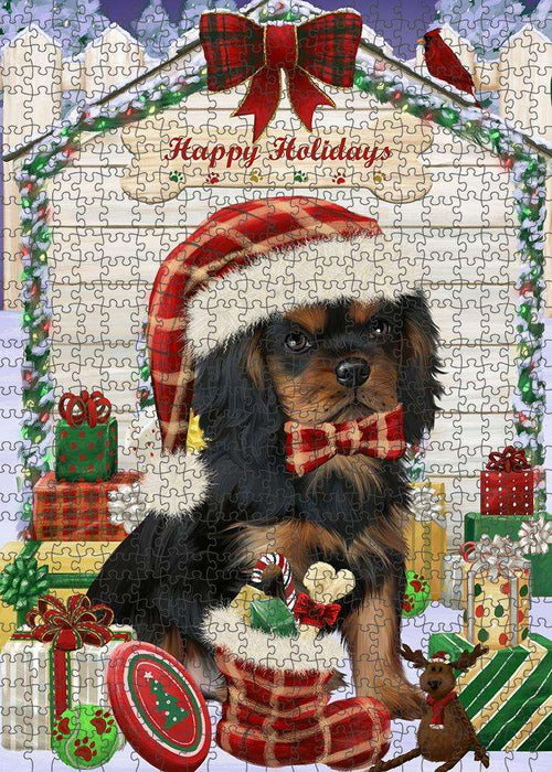 Happy Holidays Christmas Cavalier King Charles Spaniel Dog House with Presents Puzzle with Photo Tin PUZL58065