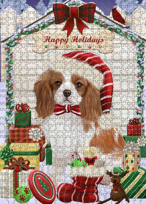Happy Holidays Christmas Cavalier King Charles Spaniel Dog House with Presents Puzzle with Photo Tin PUZL58068