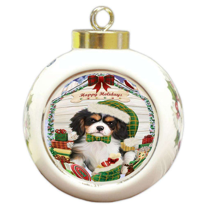 Happy Holidays Christmas Cavalier King Charles Spaniel Dog House with Presents Round Ball Christmas Ornament RBPOR51384