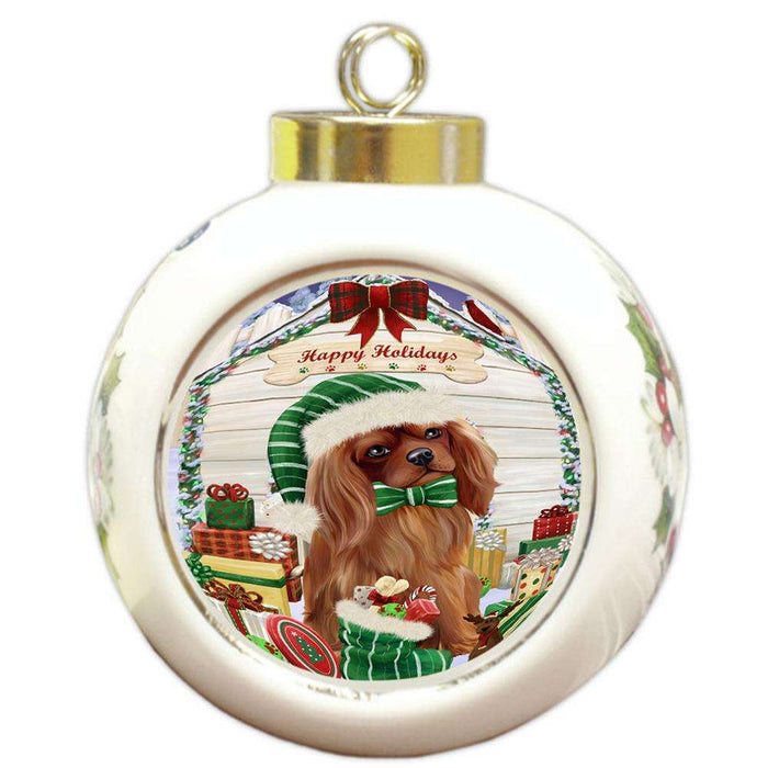 Happy Holidays Christmas Cavalier King Charles Spaniel Dog House with Presents Round Ball Christmas Ornament RBPOR51385