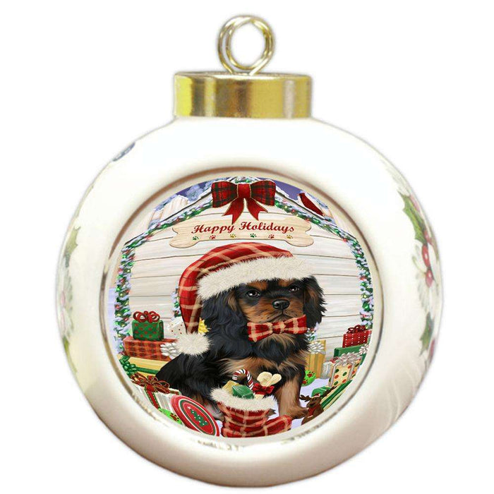 Happy Holidays Christmas Cavalier King Charles Spaniel Dog House with Presents Round Ball Christmas Ornament RBPOR51386