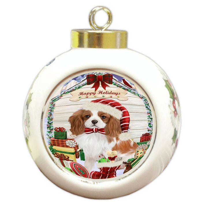 Happy Holidays Christmas Cavalier King Charles Spaniel Dog House with Presents Round Ball Christmas Ornament RBPOR51387