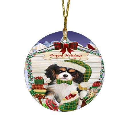 Happy Holidays Christmas Cavalier King Charles Spaniel Dog House with Presents Round Flat Christmas Ornament RFPOR51375