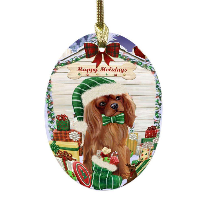Happy Holidays Christmas Cavalier King Charles Spaniel House With Presents Oval Glass Christmas Ornament OGOR49831