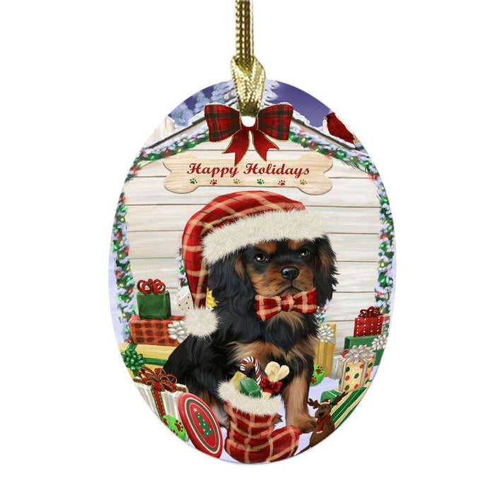 Happy Holidays Christmas Cavalier King Charles Spaniel House With Presents Oval Glass Christmas Ornament OGOR49832