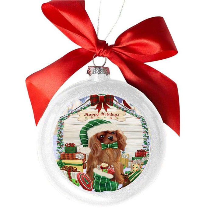 Happy Holidays Christmas Cavalier King Charles Spaniel House With Presents White Round Ball Christmas Ornament WBSOR49831