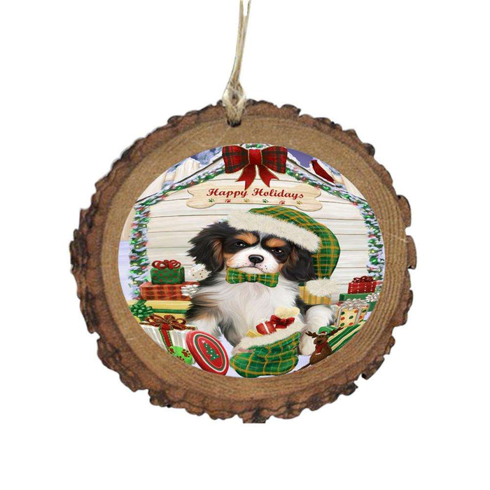 Happy Holidays Christmas Cavalier King Charles Spaniel House With Presents Wooden Christmas Ornament WOR49830