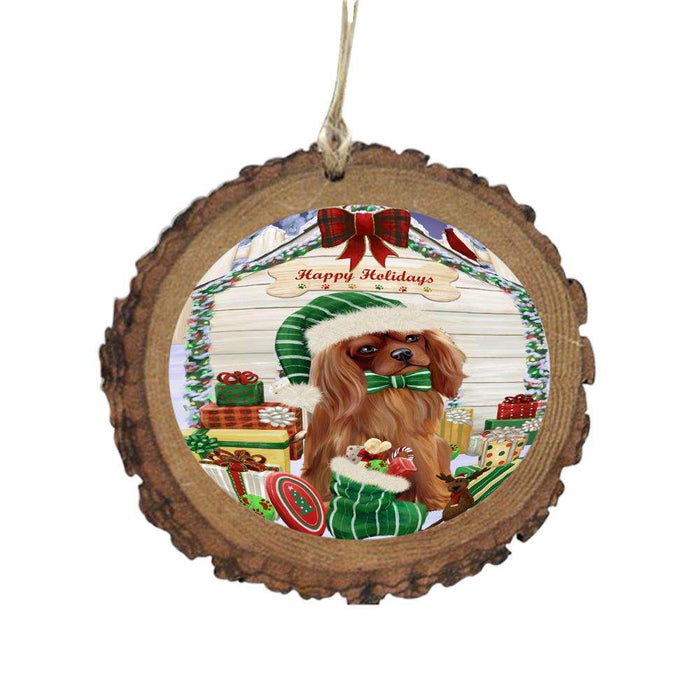 Happy Holidays Christmas Cavalier King Charles Spaniel House With Presents Wooden Christmas Ornament WOR49831